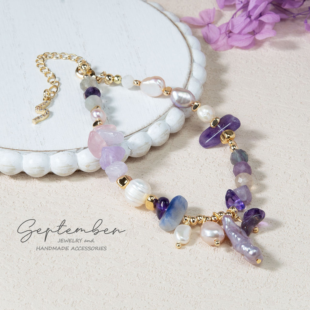 Amethyst, Fluorite, & Baroque Pearl Bracelet with 14K Gold Plated Beads - September Jewelry