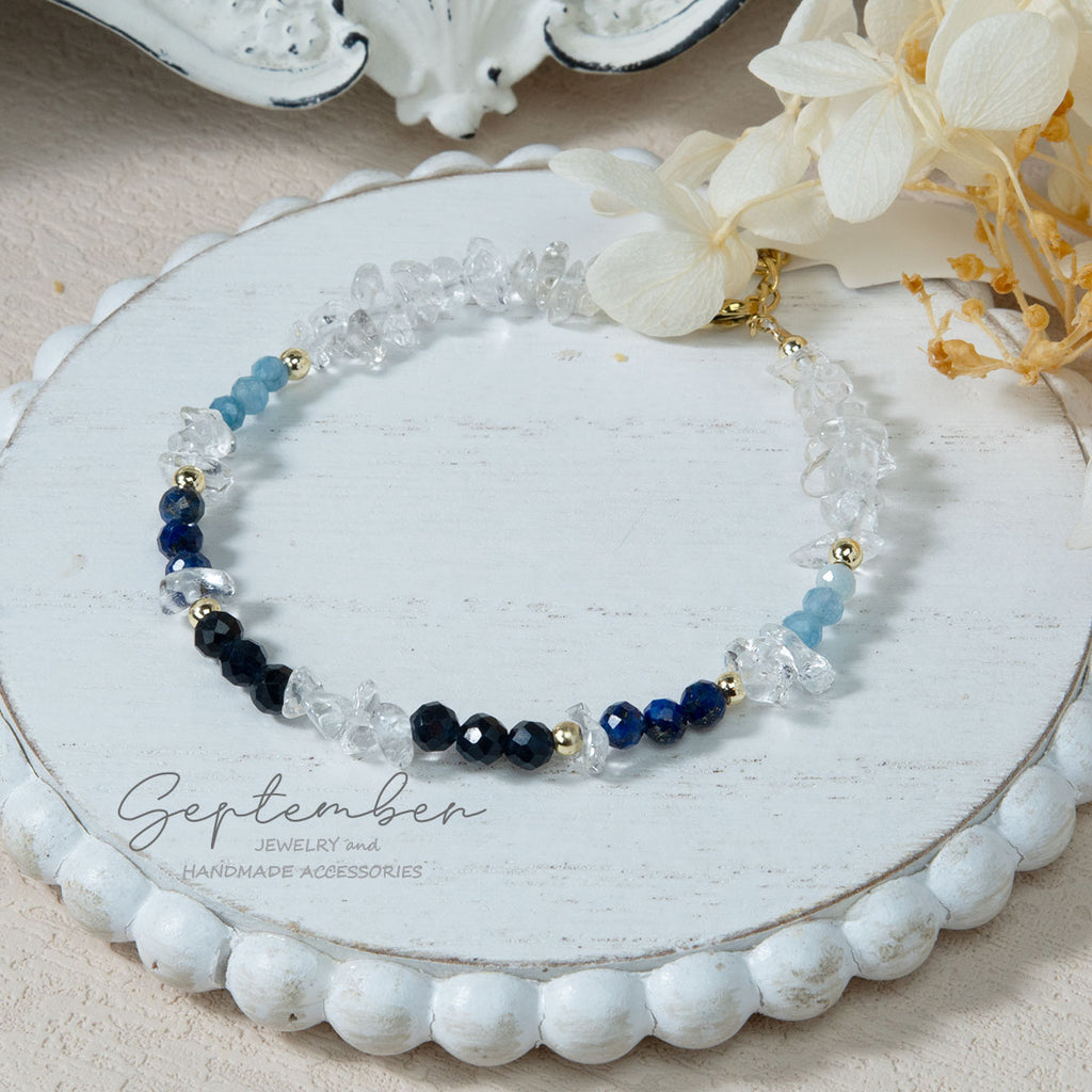 Aquamarine, Lapis Lazuli, Kyanite & White Crystal Bracelet with 14K Gold Plated Beads - September Jewelry