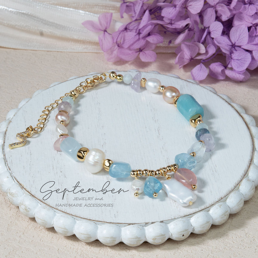 Amazonite, Fluorite, Aquamarine & Pink Quartz Bracelet with Baroque Pearls, and 14K Gold Plated - September Jewelry