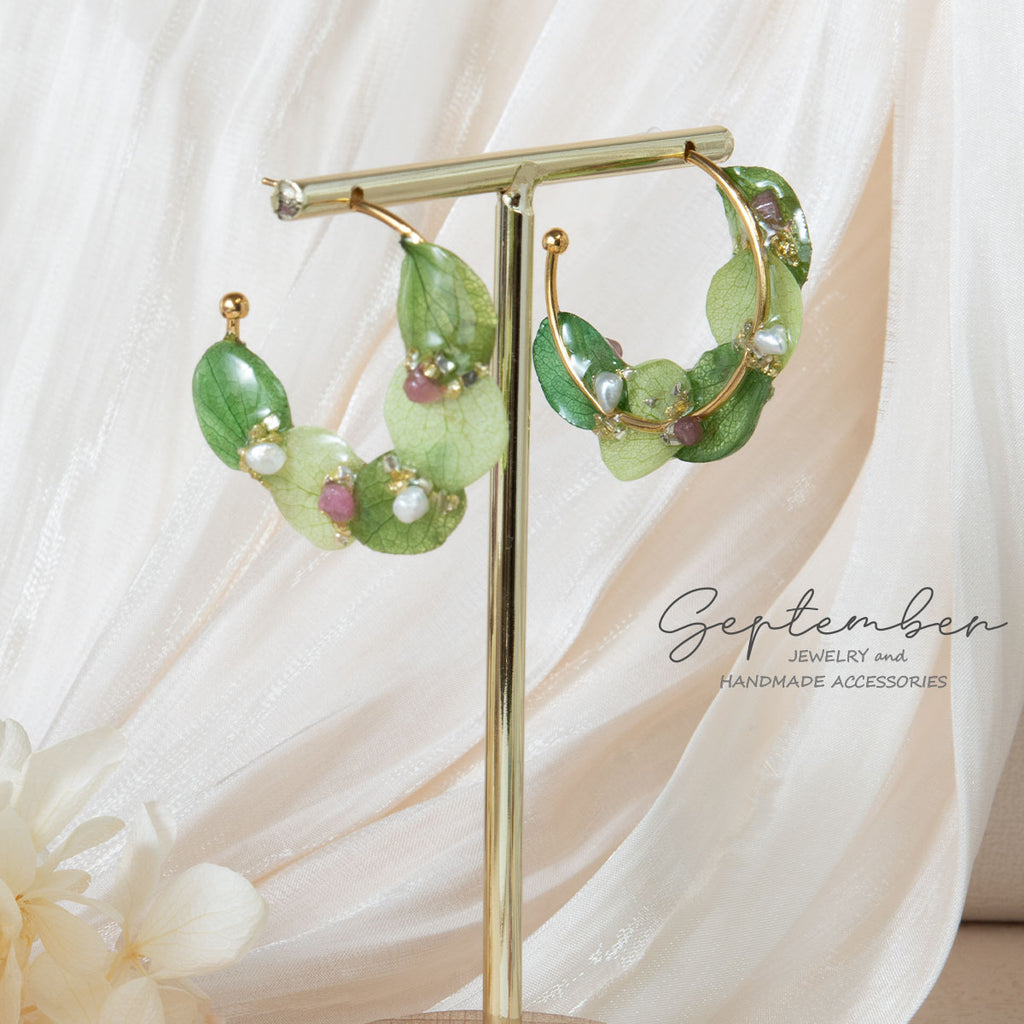 Green Hydrangea Wreath Hoop Earrings with Pink Tourmaline & Freshwater Pearls - September Jewelry