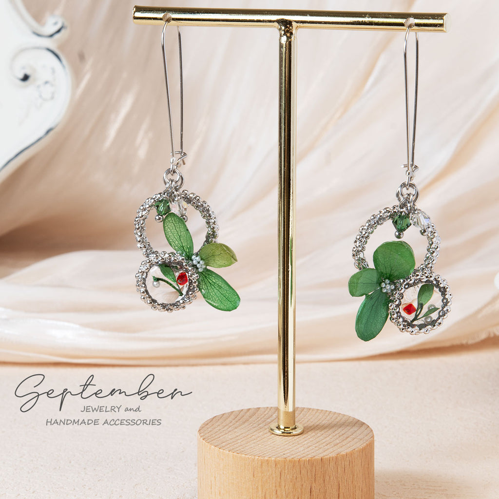 Double Ring Green Hydrangea Earrings with Crystal Beads - September Jewelry