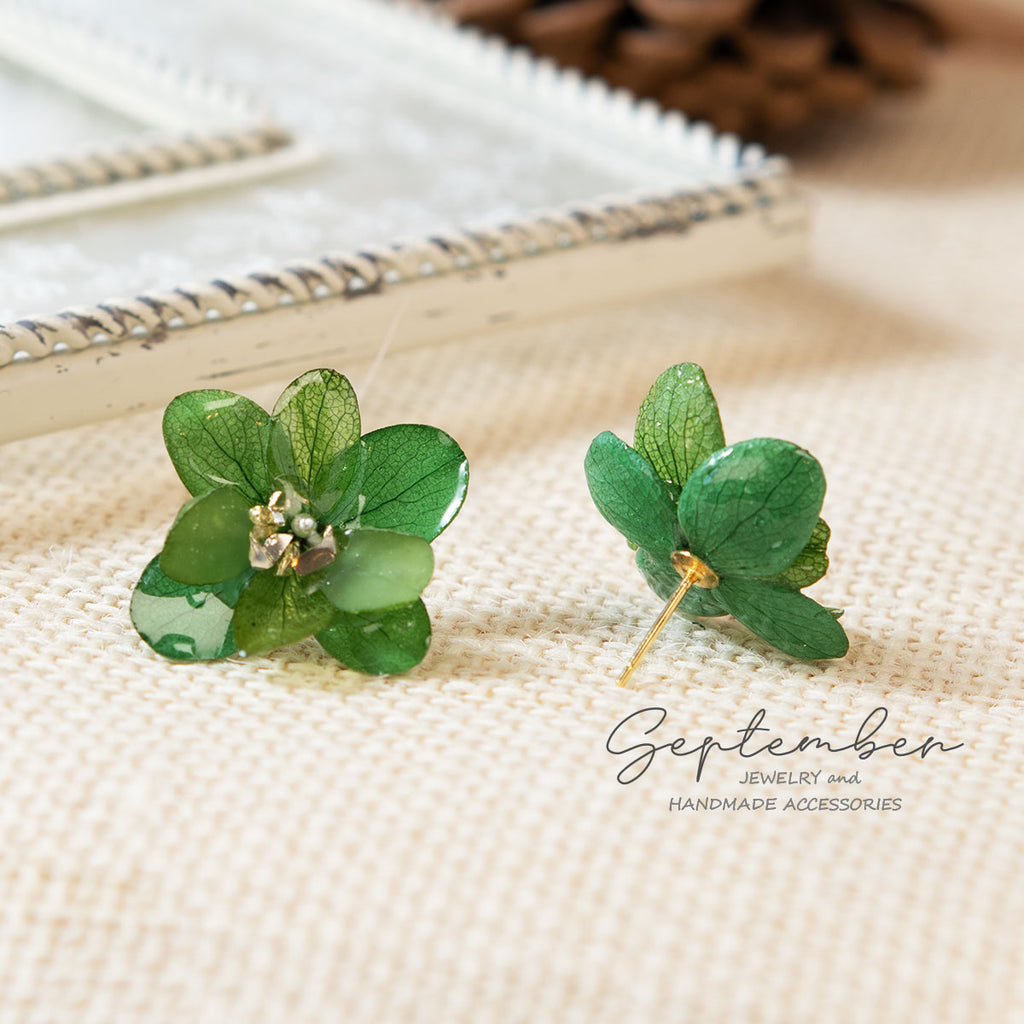 Double Petal Green Hydrangea Stud Earrings - September Jewelry