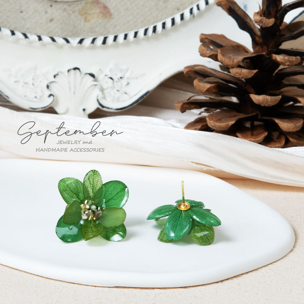 Double Petal Green Hydrangea Stud Earrings - September Jewelry