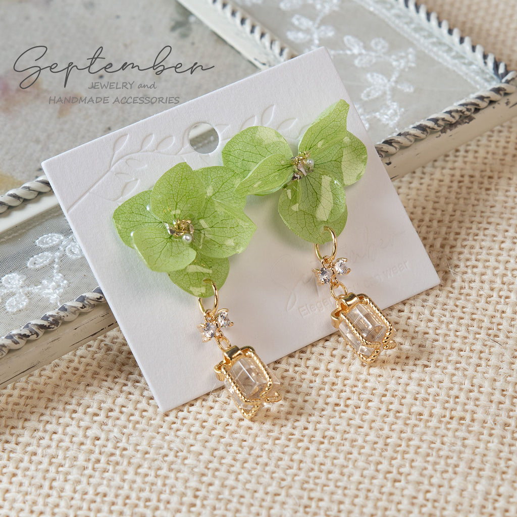 Double Petal Light Green Hydrangea with Crystal Gift Box Earrings - September Jewelry