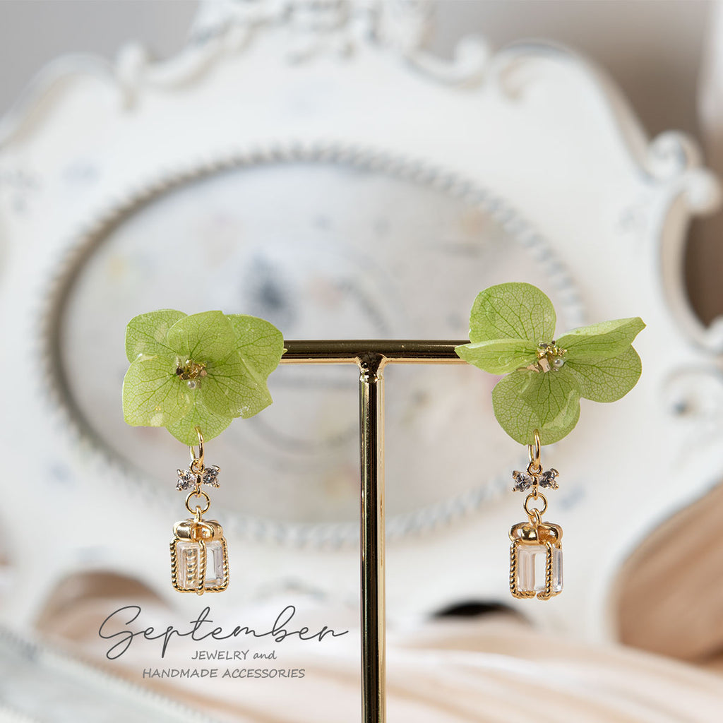 Double Petal Light Green Hydrangea with Crystal Gift Box Earrings - September Jewelry