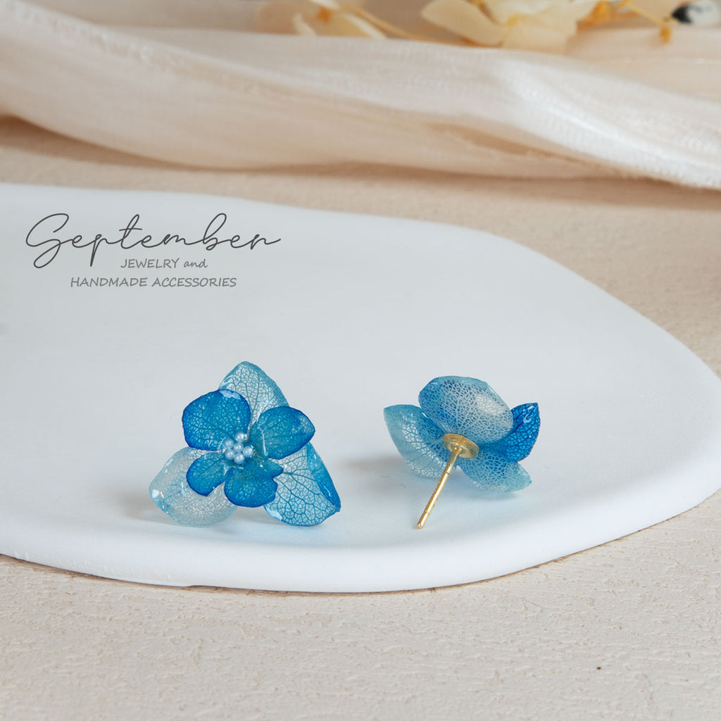 Double Petal Two-Tone Blue Hydrangea Stud Earrings - September Jewelry