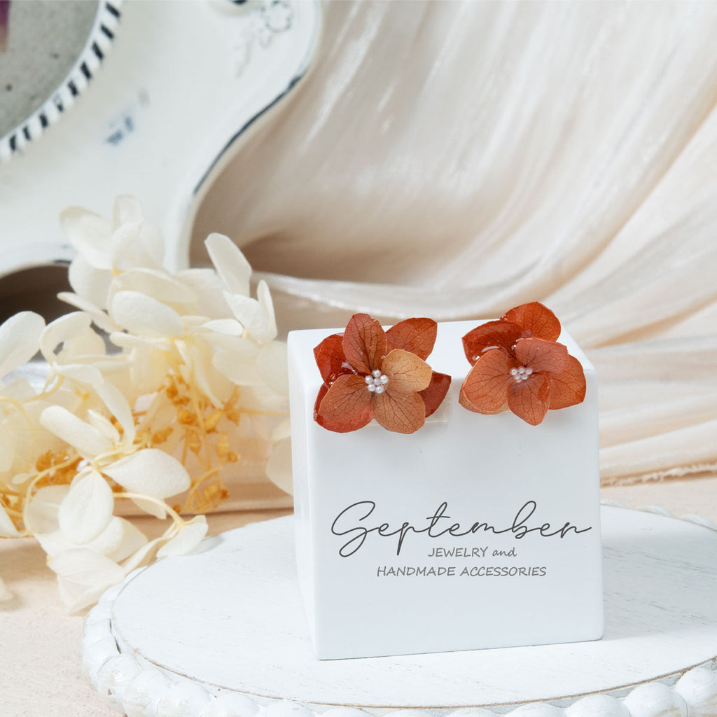 Double Petal Autumn Orange Hydrangea Stud Earrings - September Jewelry