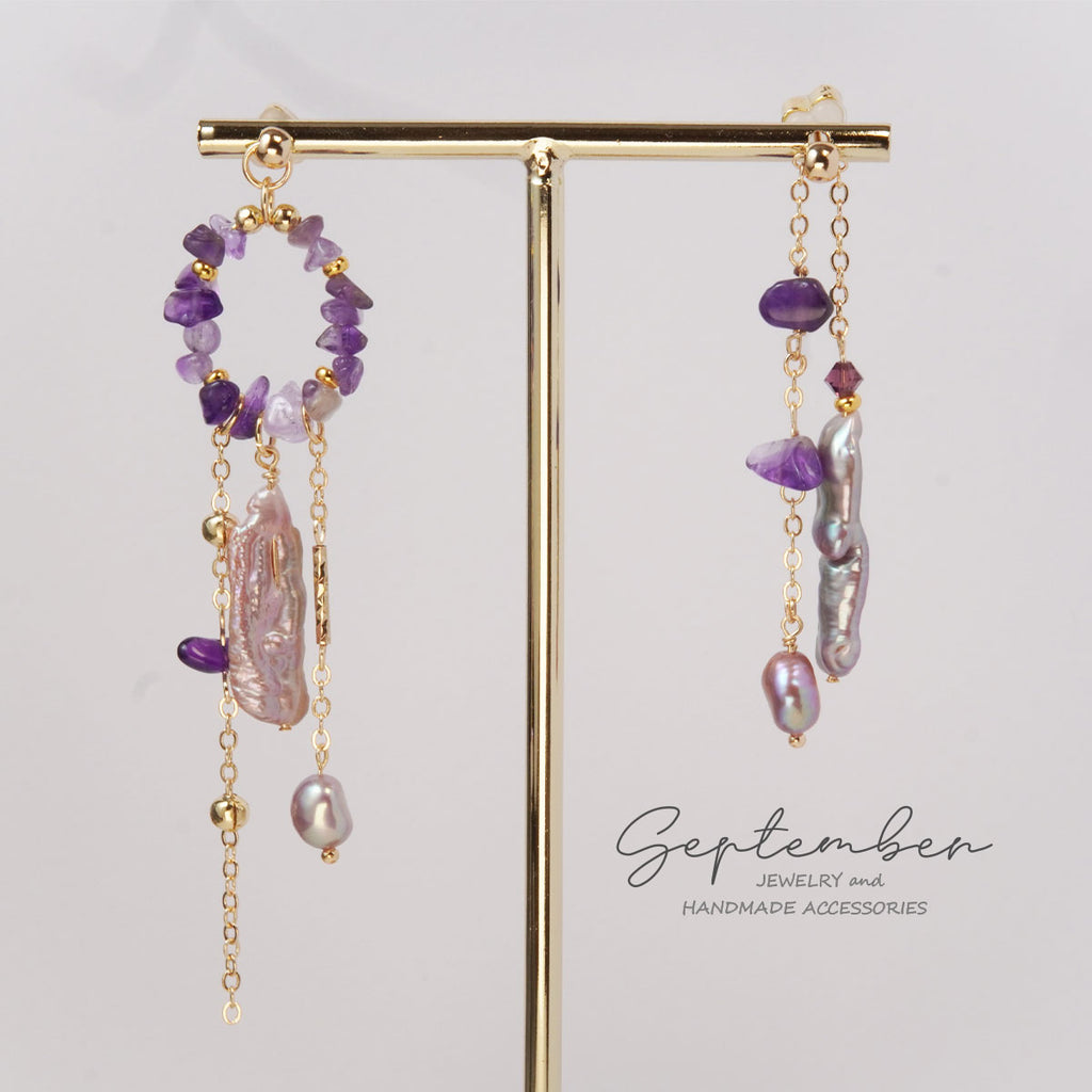 Asymmetric Amethyst and Purple Baroque Earrings - September Jewelry