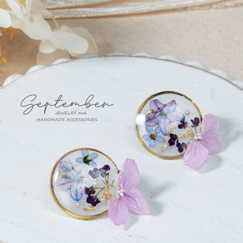 Dry Flowers Earring Studs with Purple Hydrangea - September Jewelry