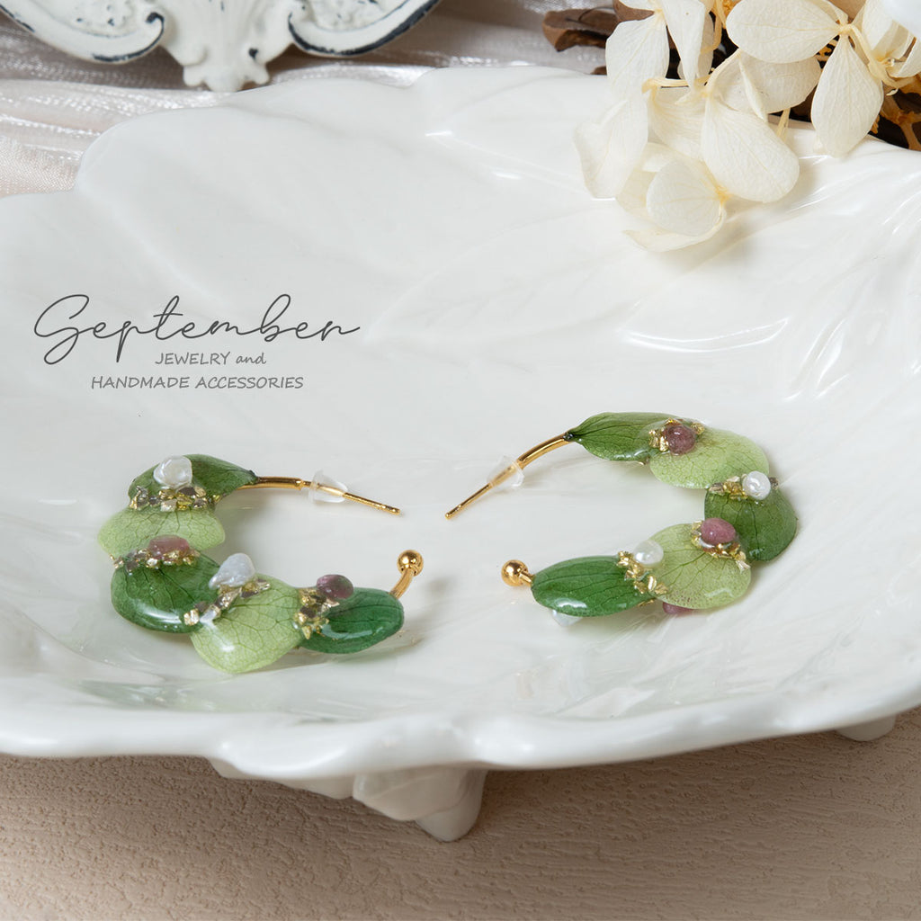 Green Hydrangea Wreath Hoop Earrings with Pink Tourmaline & Freshwater Pearls - September Jewelry