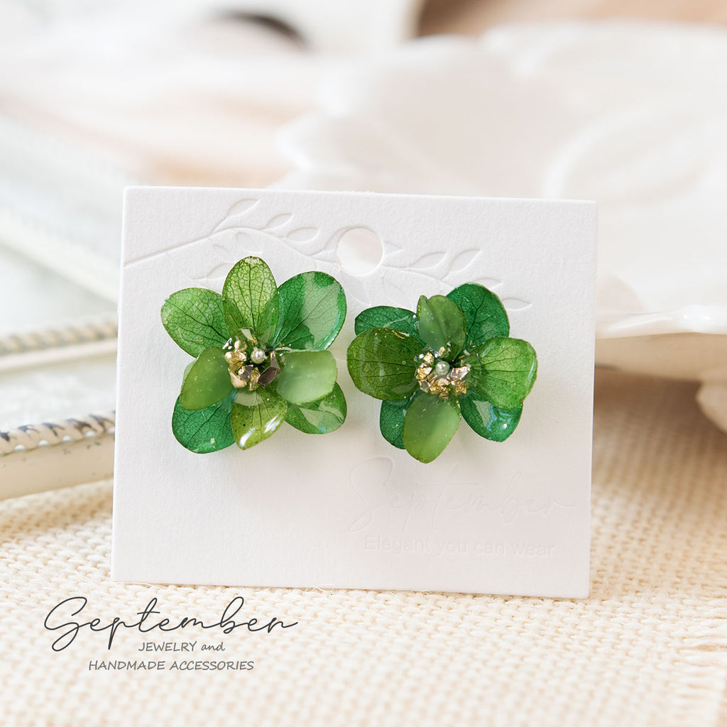 Double Petal Green Hydrangea Stud Earrings - September Jewelry