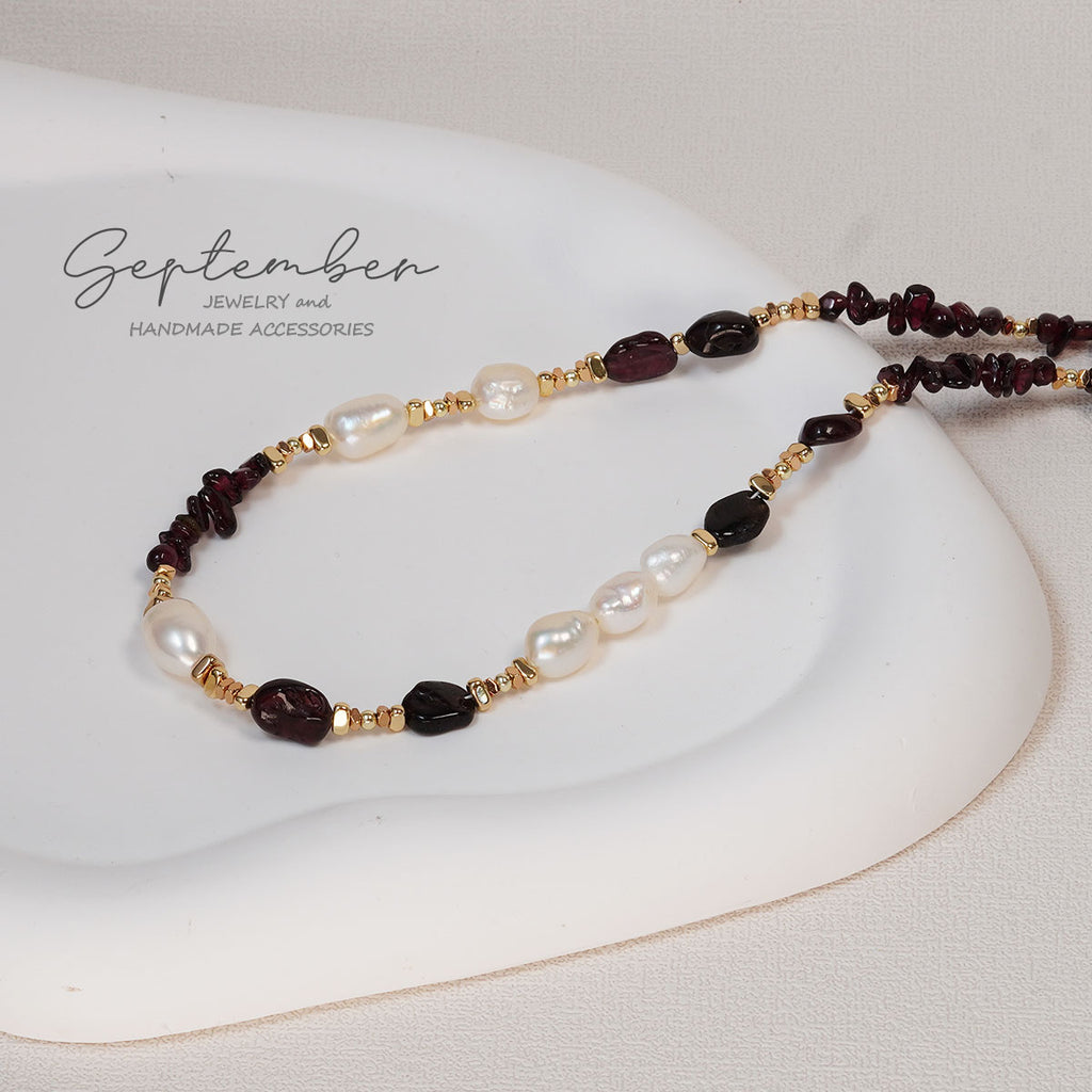 Freshwater Pearl & Natural Garnet Necklace 14K Gold Plated Beads - September Jewelry