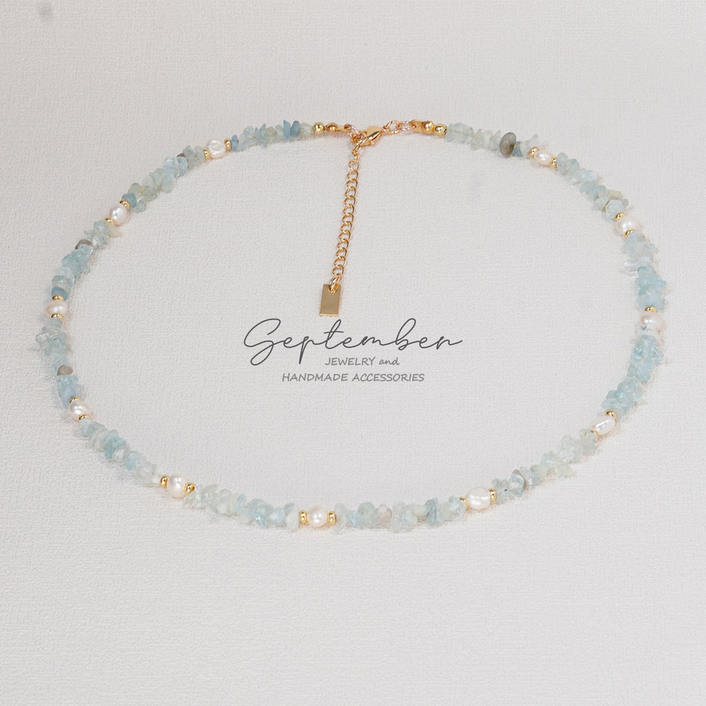 Freshwater Pearl & Aquamarine Necklace with 14K Gold Plated Beads - September Jewelry