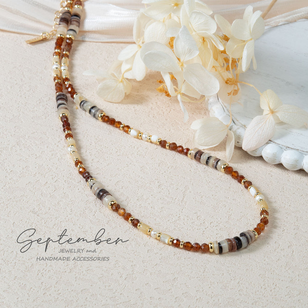 14K Gold Plated Faceted Orange Garnet &amp; Seashell Necklace - September Jewelry