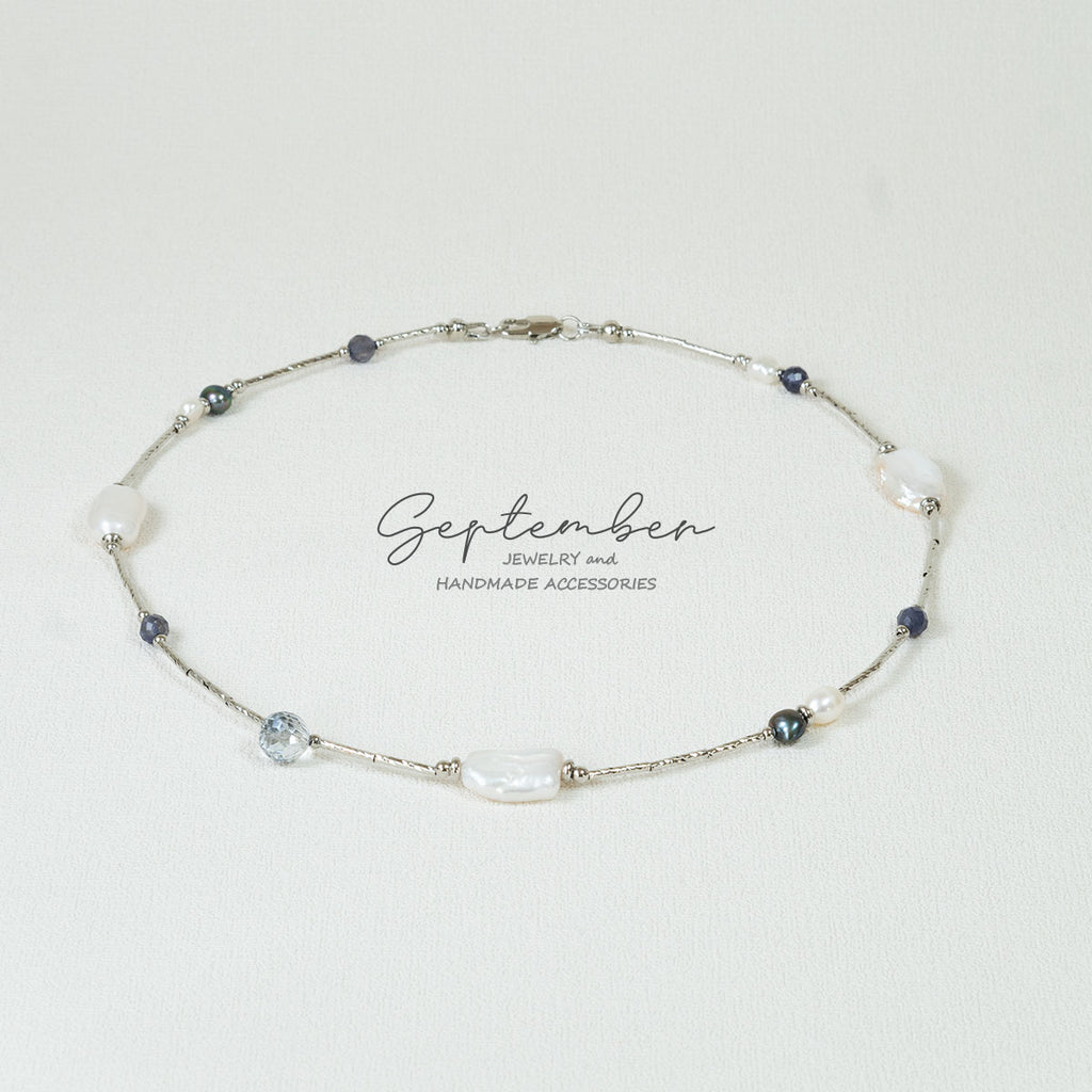 Facet Kyanite and Baroque Pearl Necklace - September Jewelry